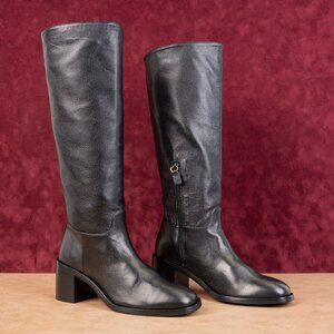 Stuart Weitzman Women Finn Black Grain Leather Zip Fashion Knee Boots sz 7.5